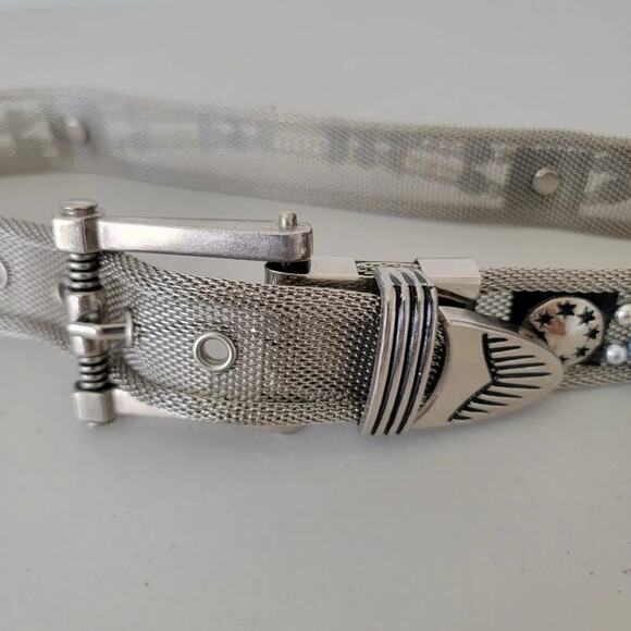 Embellished Metallic Mesh Belt Womens Size M Silver Tone Beaded Unique main image 12